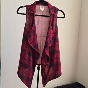 Red and Black Plaid Vest with Open Front